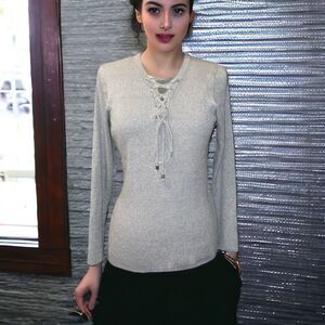 MICHAEL by Michael Kors Metallic Silver Pullover Top Ribbed Sweater Sz L